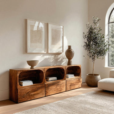 Minimal Wooden Sideboard With Rounded Edge Shelf For Living