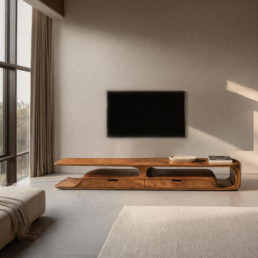 Handcrafted Organic Curved TV Shelf With Drawers For Living Decor