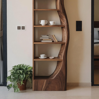 Organic Wooden Standing Shelf With Curved Side For Living Display