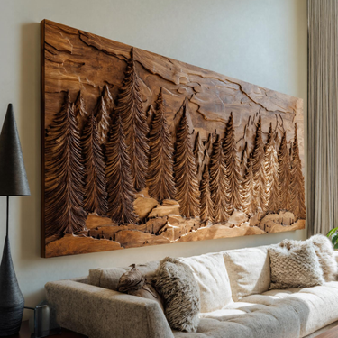 Hand Carved Wall Art With Forest Landscape For Living Room
