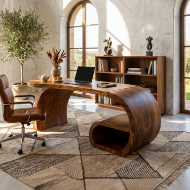 Contemporary Sculpted Desk With Side Shelf For Studio Interior