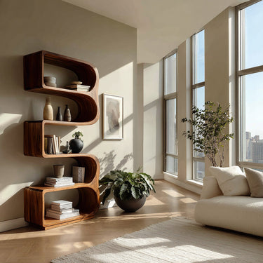 Minimalist Wooden Standing Shelf For Sunlit Living Room