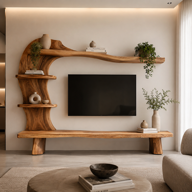 Handcrafted Wood TV Shelf With Curved Frame For Living Room