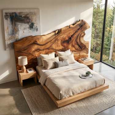 Natural Live Edge Wood Headboard For Contemporary Forest View Bedroom
