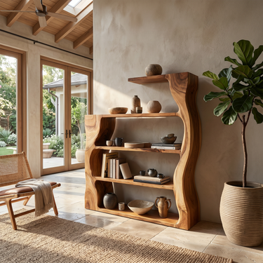 Organic Modern Wooden Bookshelf With Asymmetrical Curved Profile