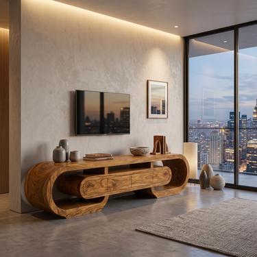 Modern Wood TV Cabinet Curved Design With Drawers For Living