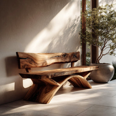 Organic Live Edge Bench With Sculptural Base For Entryway