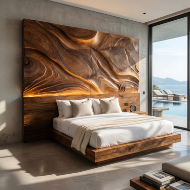 Abstract Flowing Wood Headboard For Luxury Coastal Villa Bedroom