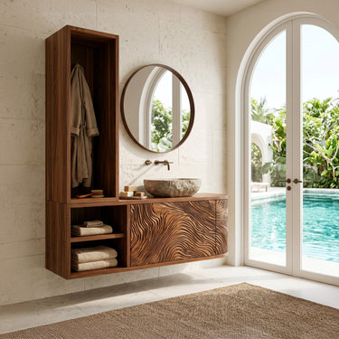 Organic Carved Bathroom Vanity With Linen Tower Side For Bathroom