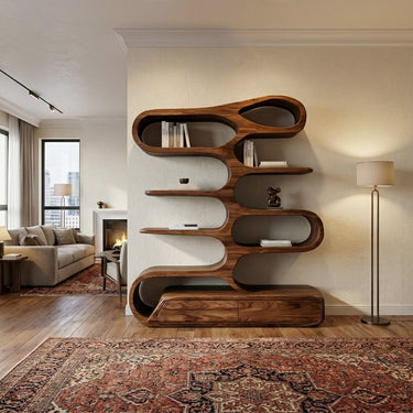 Minimalist Sculptural Bookshelf With Rounded Compartments For Reading Room