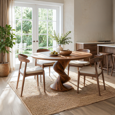 Modern Round Dining Table With Sculptural Spiral Pedestal For Kitchen