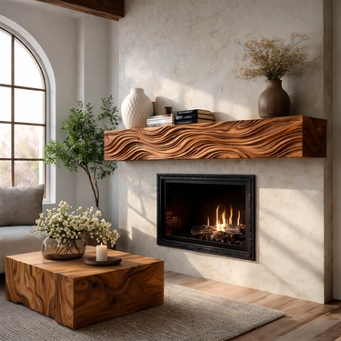 Wooden Fireplace Shelf With Wave Carved For Modern Home Decor