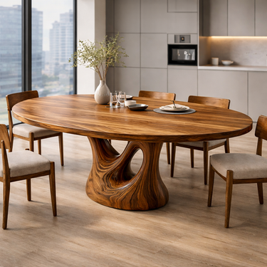 Farmhouse Wooden Dining Table With Sculptural Base For Dining Room