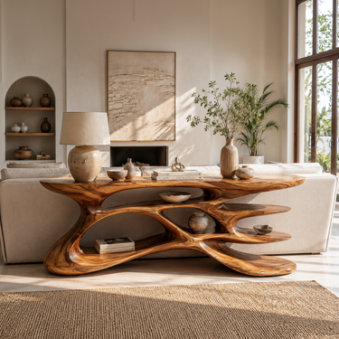 Wooden Console Table With Sculptural Form For Living Statement