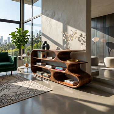 Modern Bookshelf With Sculptural Curves For Living Room Interior