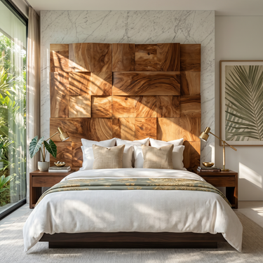 Modern Mosaic Wood Headboard For Luxury Tropical Bedroom Interior