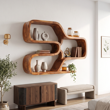 Japandi Curved Floating Shelves for Living Room