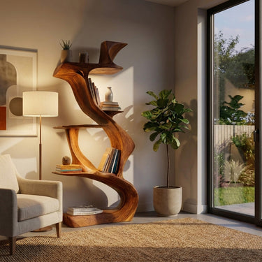 Sculptural Natural Wood Bookshelf For Living Room