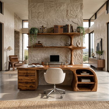 Organic Wood Desk With Sculptural Open Shelves For Home Workspace