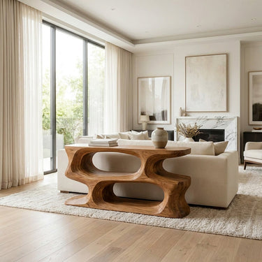 Minimal Sculptural Natural Wood Console Table For Living Room