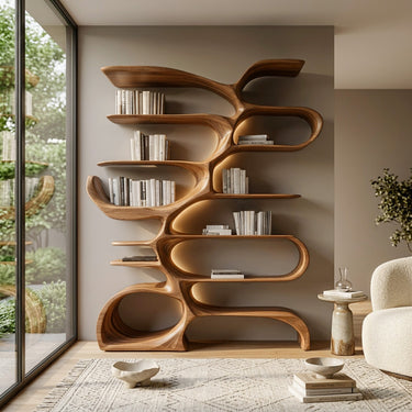Sculptural Wooden Bookcase For Modern Living Room Storage