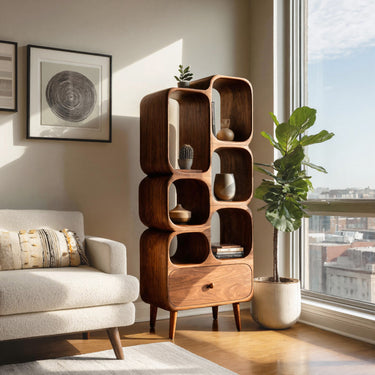 Modern Wood Bookshelf With Open Compartments For Living Decor