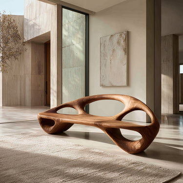 Minimalist Wood Bench With Sculptural Backrest For Living Room