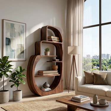 Organic Wood Bookshelf With Multiple Storage Levels For Living Room