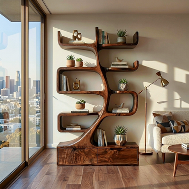 Wooden Bookcase With Tiers And Built-in Drawers For Home