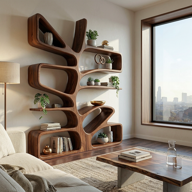 Unique Wooden Bookcase With Sculptural Form For Living Space