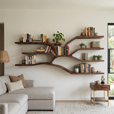 Handcrafted Sculptural Wooden Bookshelf For Living Room Decor