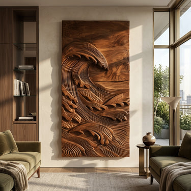 Japandi Style Carved Ocean Wood Wall Art For Home Interior