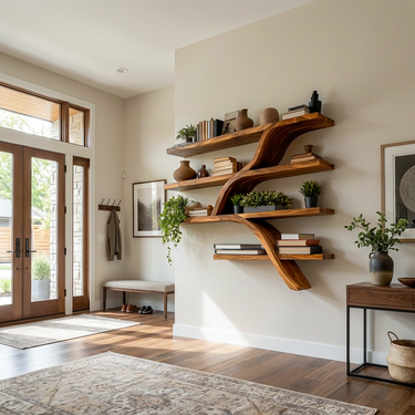 Handcrafted Wooden Wall Bookshelf With Organic Shape For Home