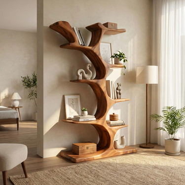 Mid Century Sculptural Bookcase Storage Organizer For Bedroom Space