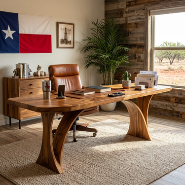 Modern Wooden Desk With Unique Curved Base For Workspace
