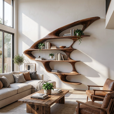 Wooden Floating Bookshelf Unique Design For Living Room Wall