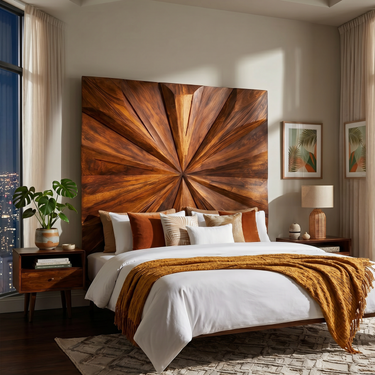 Geometric Sunburst Wood Headboard For Modern Urban Bedroom Decor
