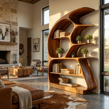 Contemporary Sculptural Wood Bookshelf For Living Room Decor
