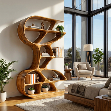 Wooden Bookshelf Unique Sculptural Design For Modern Living Room