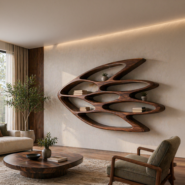 Wooden Wall Bookshelf With Unique Shape For Living Room Wall