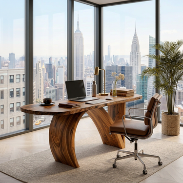 Contemporary Wooden Desk With Artistic Base For Home Workspace