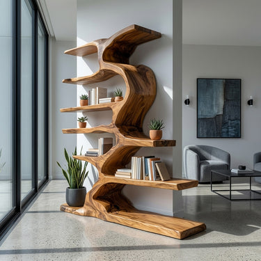 Organic Sculptural Wooden Bookshelf With Tiers For Living Room