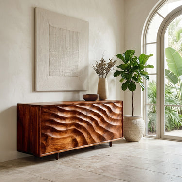 Contemporary Wooden Sideboard With Carved Doors For Home Interior