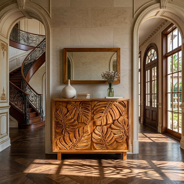 Modern Wooden Sideboard With Leaf Carved Doors For Home