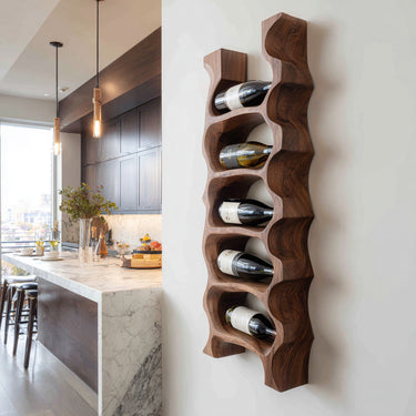 Modern Sculptural Wooden Wine Rack For Kitchen Wall Display