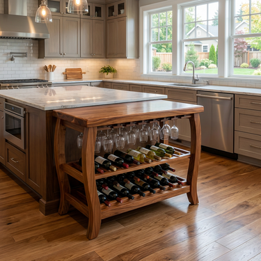 Sculptural Wooden Wine Cabinet With Glass Rack For Island Decor