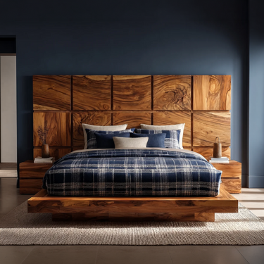 Minimal Grid Wood Headboard For Dark Contemporary Bedroom