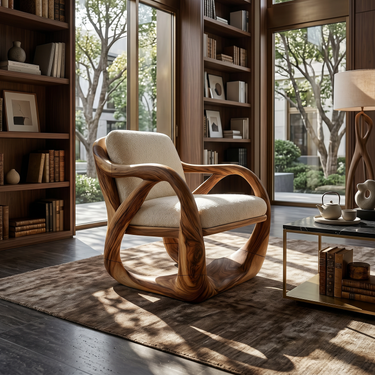 Sculpted Walnut Lounge Chair in a Grand Luxury Living Space