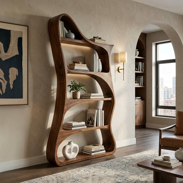 Modern Sculptural Natural Wood Bookshelf For Living Room