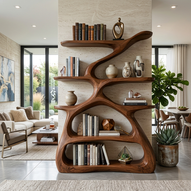 Modern Sculptural Bookshelf With S Shaped Design For Living Room